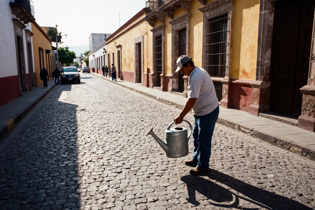 Early Afternoon Street Scene in Guadalajara Mexico with Watering Cans and Striped Towel in in Guadalajara, Mexico