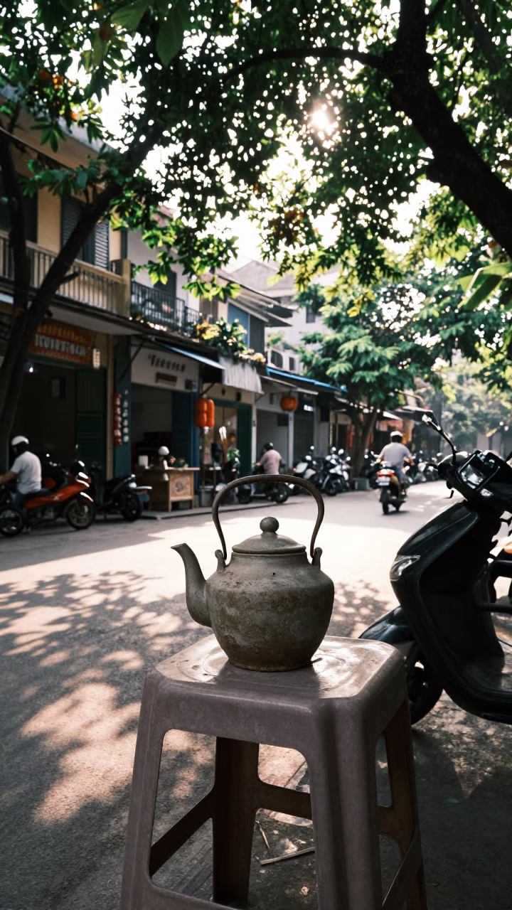 Early Afternoon Street Scene in Hanoi Vietnam with Teapot and Local Interaction in in Hanoi, Vietnam