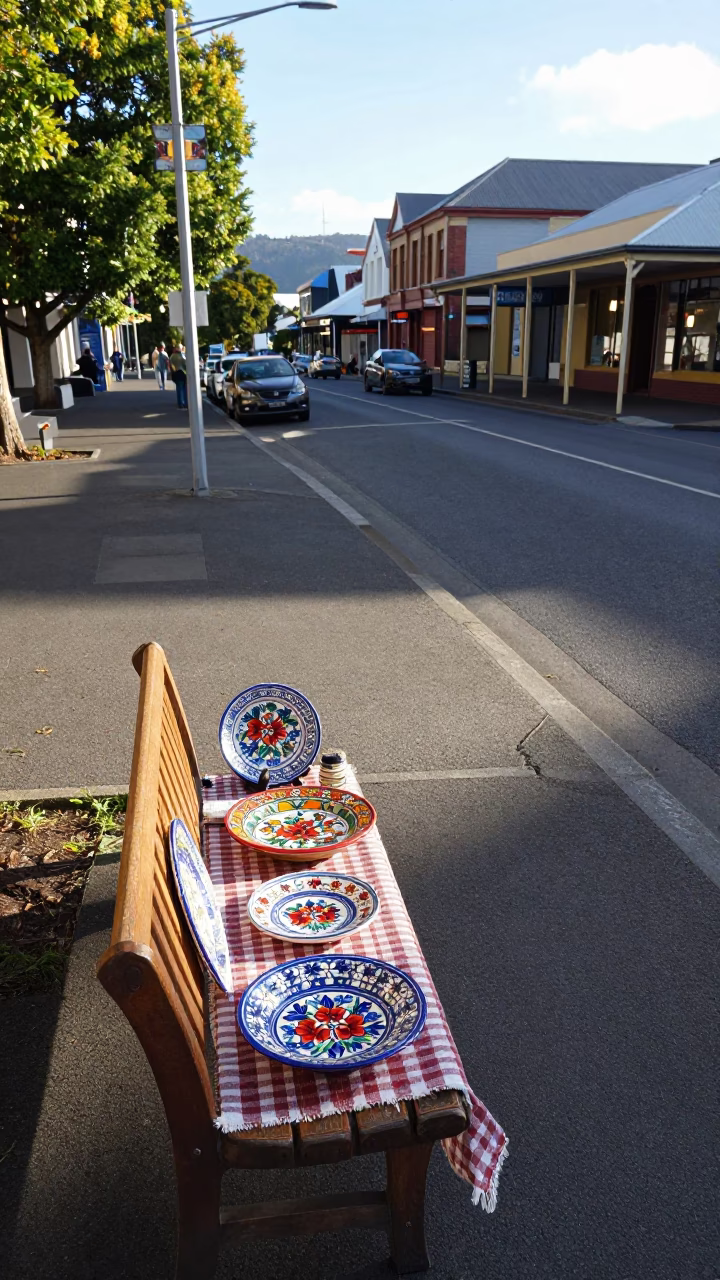 Early Afternoon Street Scene in Hobart Tasmania Australia with Majolica Plates in in Hobart, Tasmania, Australia