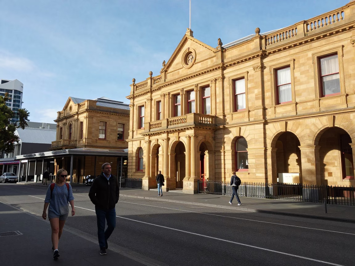 Early Afternoon Street Scene in Hobart Tasmania with Historic Sandstone Buildings in in Hobart, Tasmania, Australia