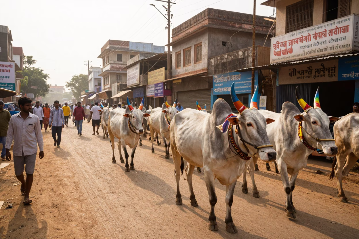 Early Afternoon Street Scene in Hyderabad India with Decorated Cattle and Local Market Activity in in Hyderabad, India