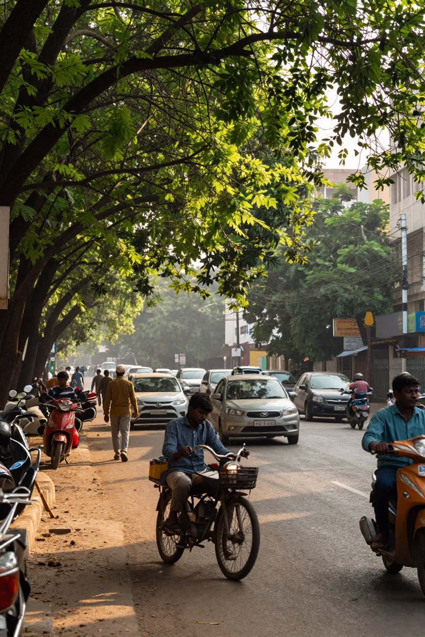 Early Afternoon Street Scene in Hyderabad India with Local Vendor and Pedestrians in in Hyderabad, India