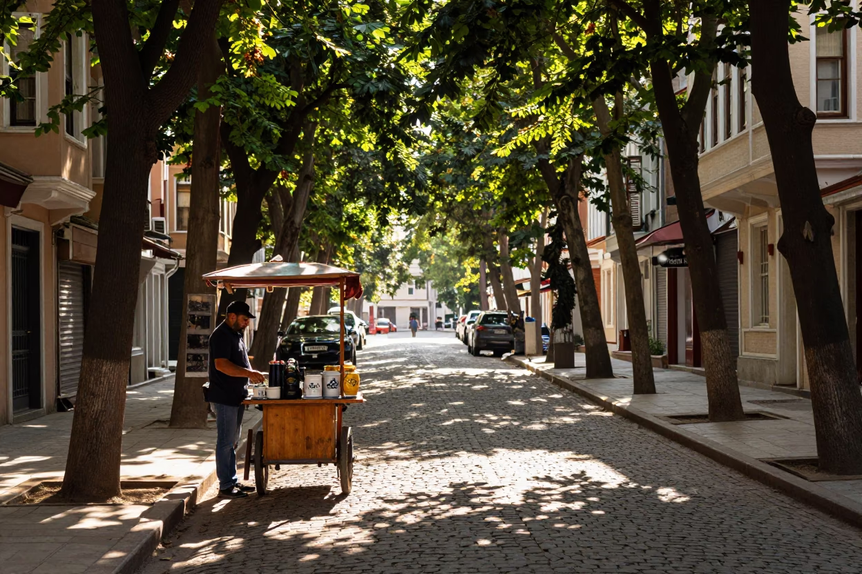 Early Afternoon Street Scene in Istanbul Turkey with Ceramic Cup and Berry in in Istanbul, Turkey
