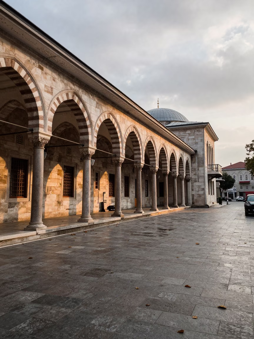 Early Afternoon Street Scene in Istanbul Turkey with University Arcade and Wet Leaves in in Istanbul, Turkey