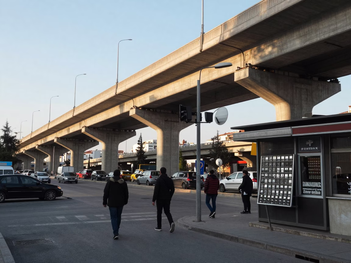 Early Afternoon Street Scene in Izmir Turkey with Highway Flyover and Local Details in in Izmir, Turkey