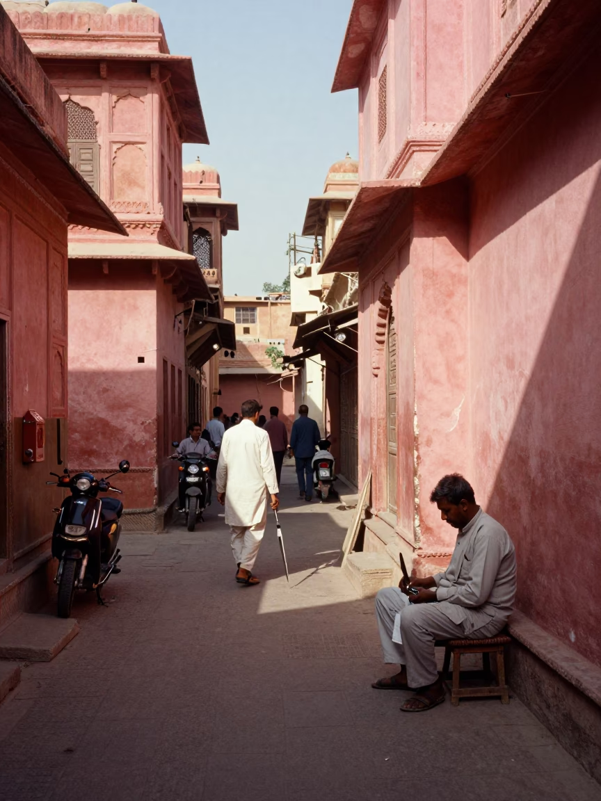 Early Afternoon Street Scene in Jaipur India with Tailor Shears and Tea Tin in in Jaipur, India