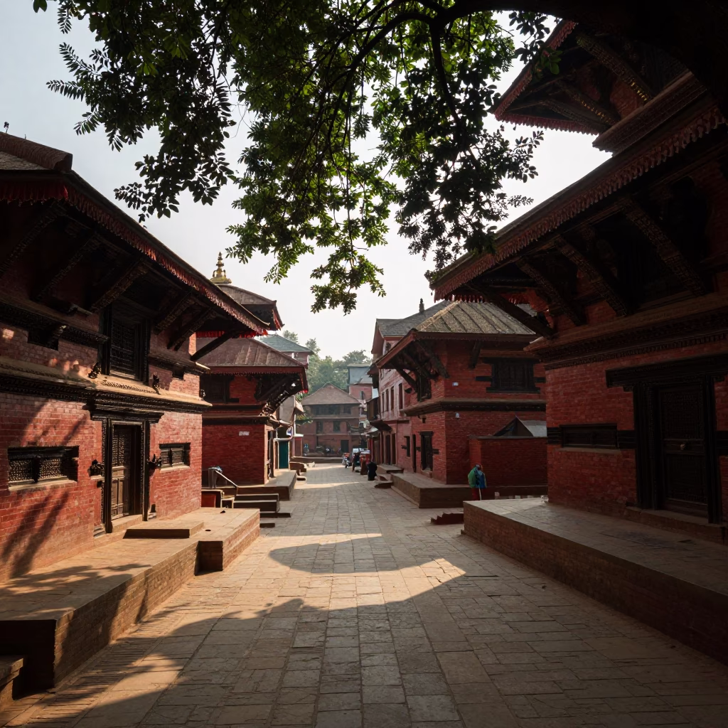 Early Afternoon Street Scene in Kathmandu Nepal with Traditional Brick Architecture in in Kathmandu, Nepal