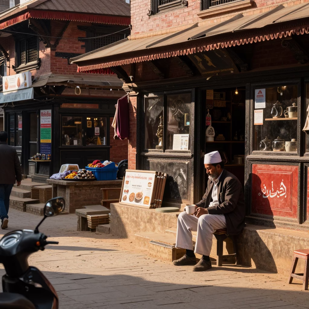 Early Afternoon Street Scene in Kathmandu Nepal with Traditional Mug and Daily Life in in Kathmandu, Nepal