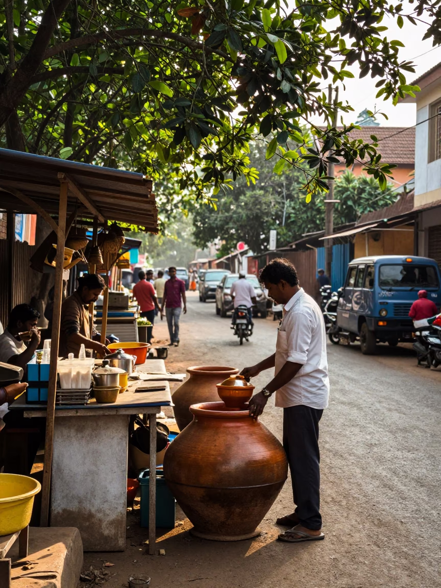 Early Afternoon Street Scene in Kochi India with Local Vendor and Traditional Food Bowl in in Kochi, India