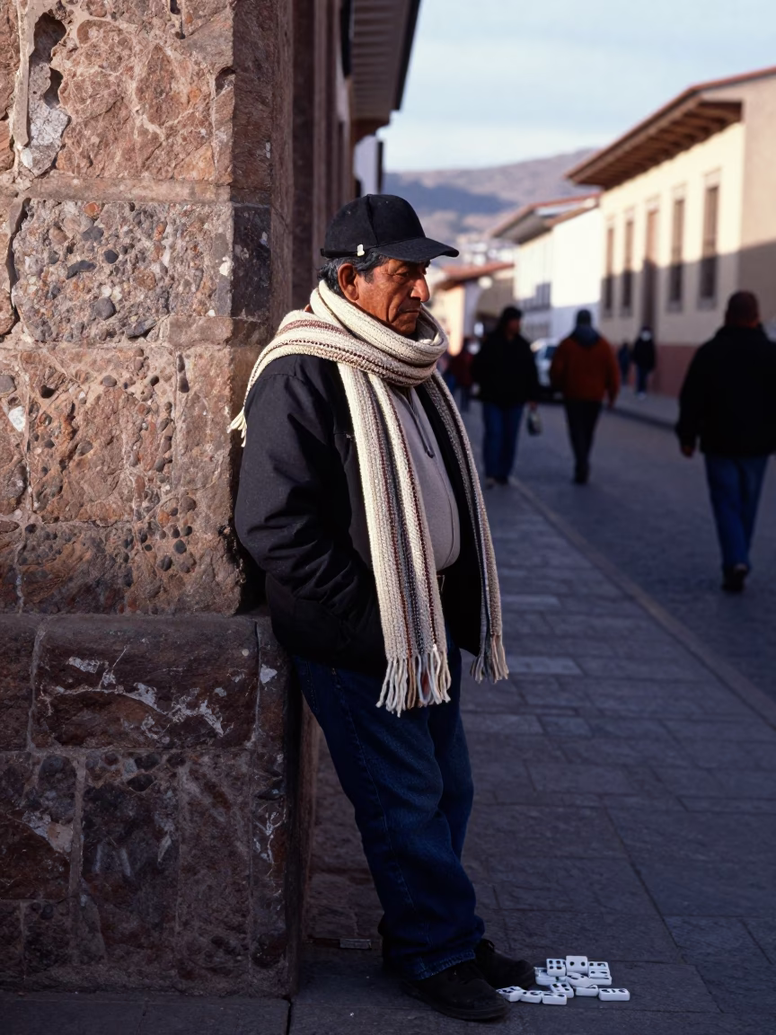 Early Afternoon Street Scene in La Paz Bolivia with Scarf and Dominoes in in La Paz, Bolivia