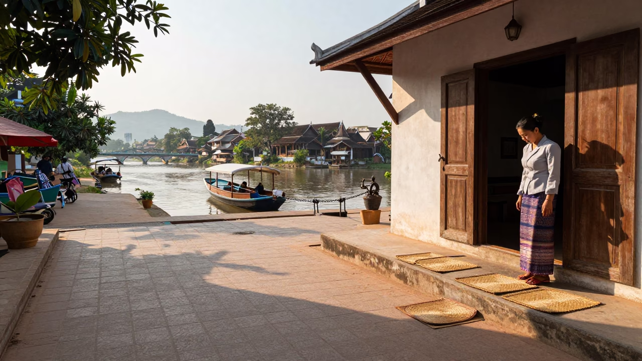 Early Afternoon Street Scene in Luang Prabang Laos with Chain Ferry Crossing Mekong River in in Luang Prabang, Laos