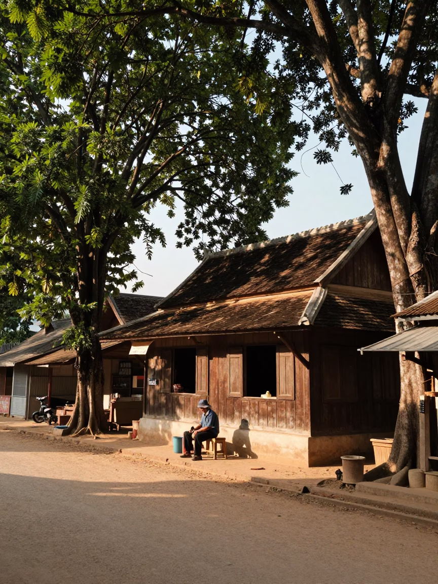 Early Afternoon Street Scene in Luang Prabang Laos with Local Shopkeeper and Everyday Tools in in Luang Prabang, Laos
