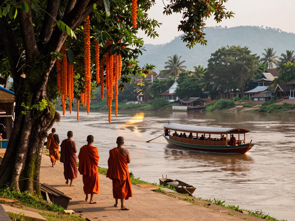 Early Afternoon Street Scene in Luang Prabang Laos with Monks and Tropical Orchids in in Luang Prabang, Laos