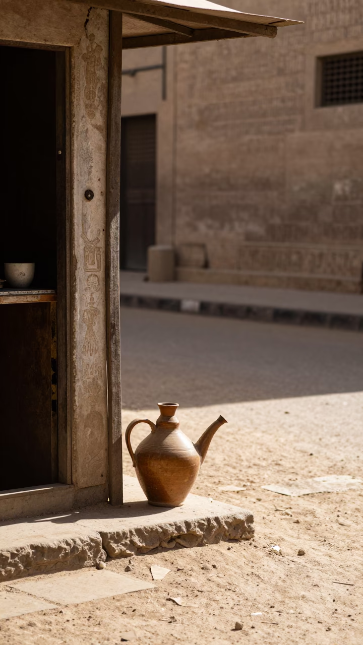 Early Afternoon Street Scene in Luxor Egypt with Watering Jug and Mangoes in in Luxor, Egypt