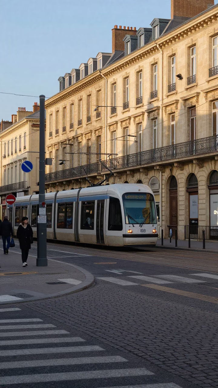 Early Afternoon Street Scene in Lyon France with Trams and Traditional Architecture in in Lyon, France