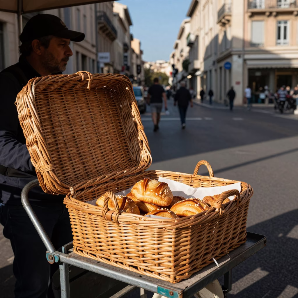 Early Afternoon Street Scene in Marseille France with Wicker Basket and Pastries in in Marseille, France