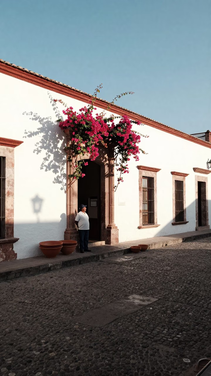 Early Afternoon Street Scene in Merida Mexico with Terracotta Bowls and Bougainvillea in in Merida, Mexico