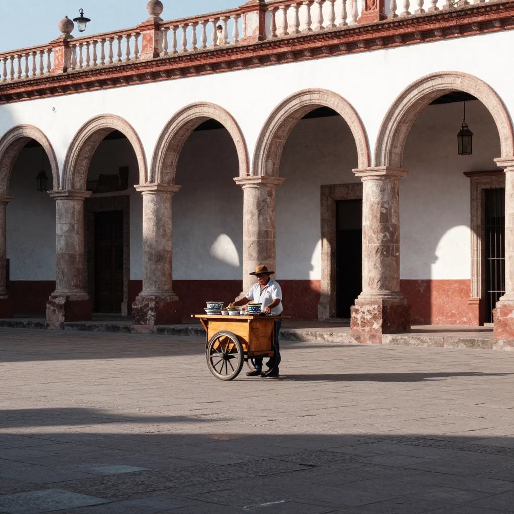 Early Afternoon Street Scene in Merida Mexico with Vintage Majolica Plate in in Merida, Mexico