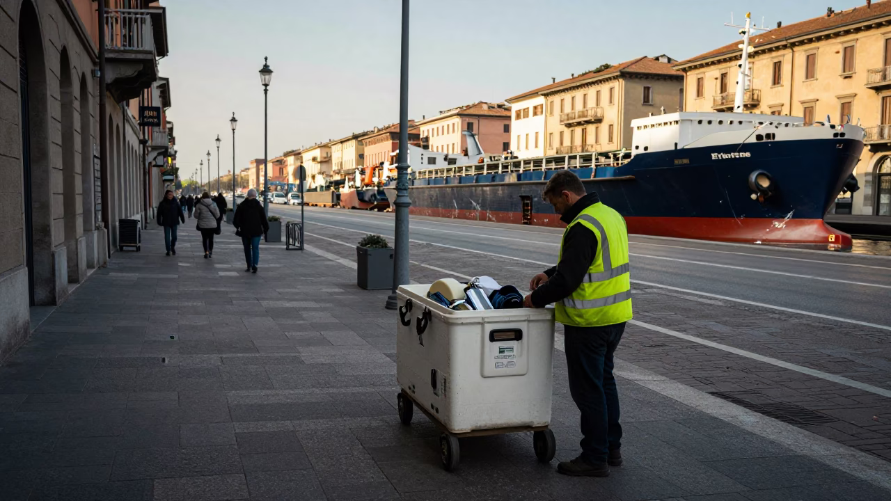 Early Afternoon Street Scene in Milan Italy with Cargo Ship on Horizon in in Milan, Italy