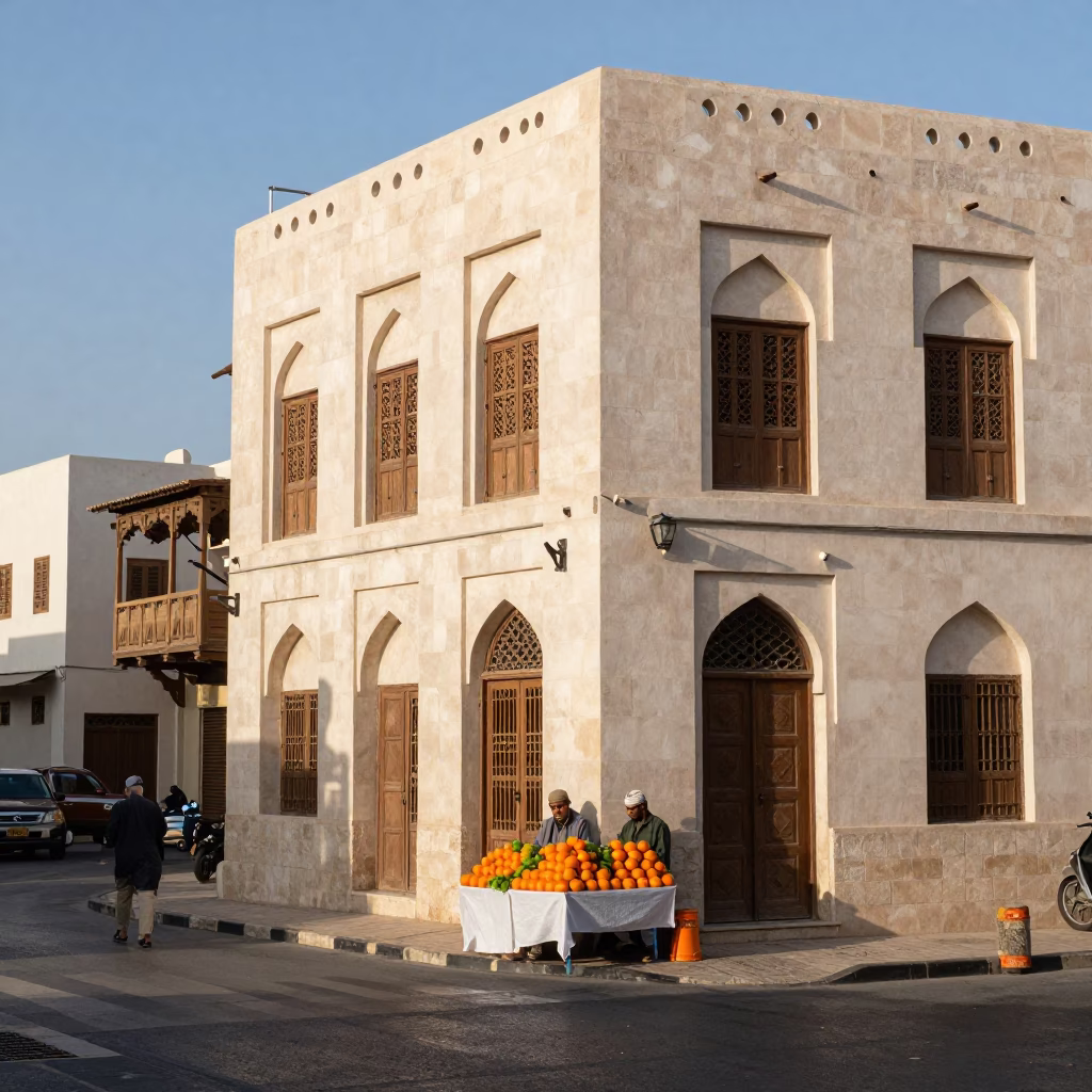 Early Afternoon Street Scene in Muscat Oman with Traditional Architecture and Local Market Goods in in Muscat, Oman
