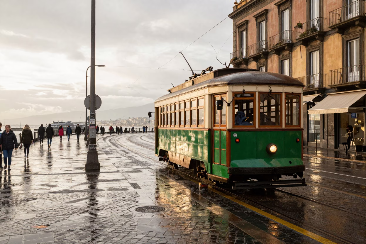 Early Afternoon Street Scene in Naples Italy with Heritage Tram and Coastal Promenade Rain in in Naples, Italy