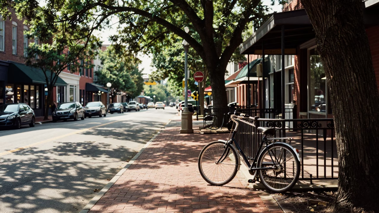 Early Afternoon Street Scene in Nashville Tennessee with Bicycle and Cafe in in Nashville, Tennessee, United States