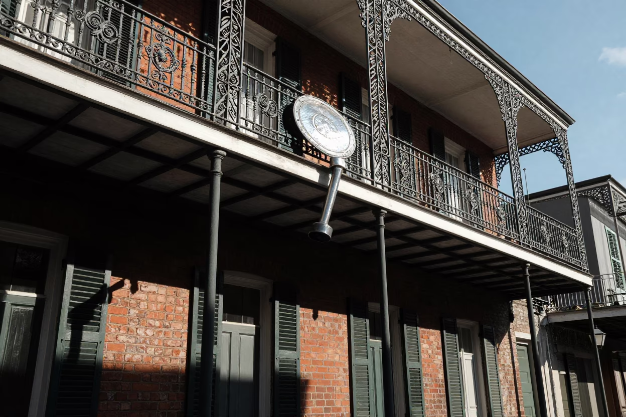 Early Afternoon Street Scene in New Orleans Louisiana with Hammered Metal and Blue Porcelain in in New Orleans, Louisiana, United States