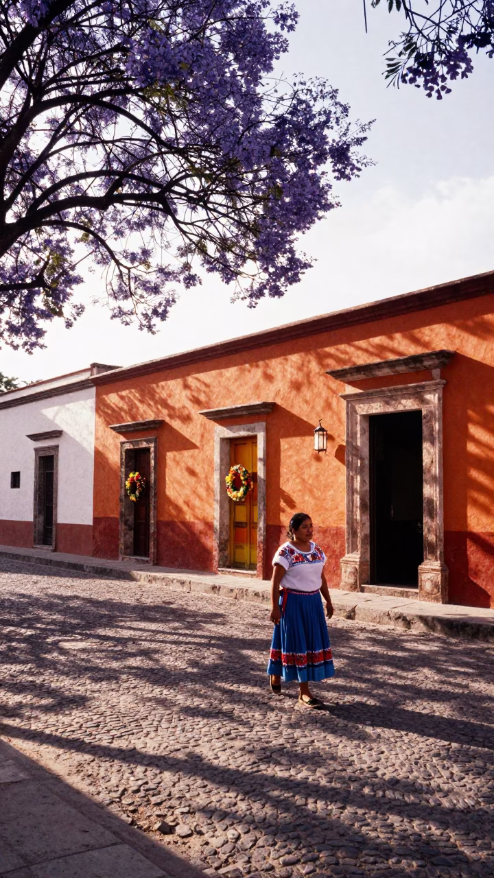 Early Afternoon Street Scene in Oaxaca Mexico with Colorful Door Wreaths in in Oaxaca, Mexico