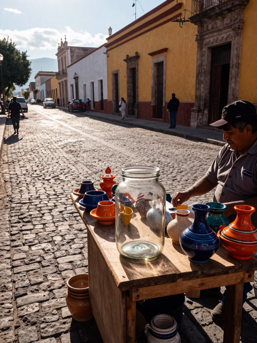 Early Afternoon Street Scene in Oaxaca Mexico with Glass Jar and Sunlight in in Oaxaca, Mexico