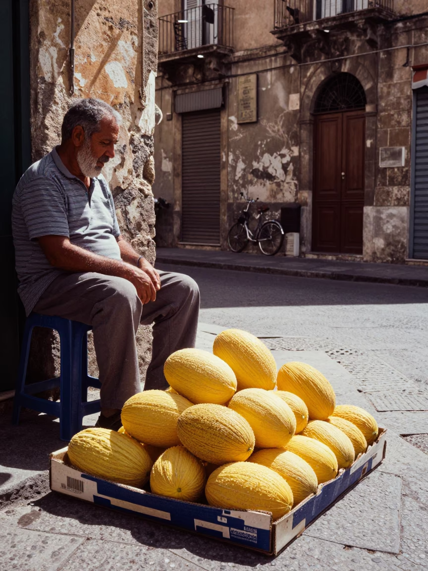 Early Afternoon Street Scene in Palermo Italy with Melons and Condensation in in Palermo, Italy
