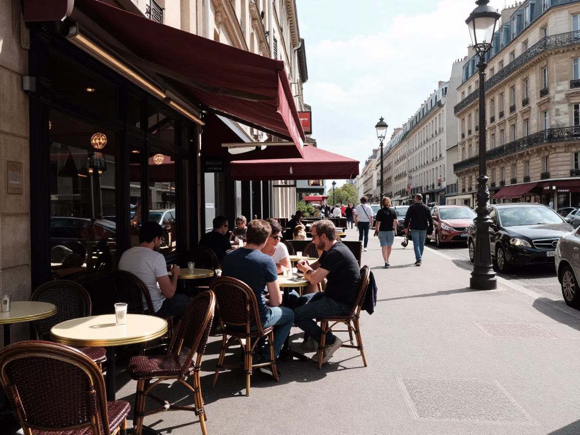 Early Afternoon Street Scene in Paris France with Local Dining Details in in Paris, France
