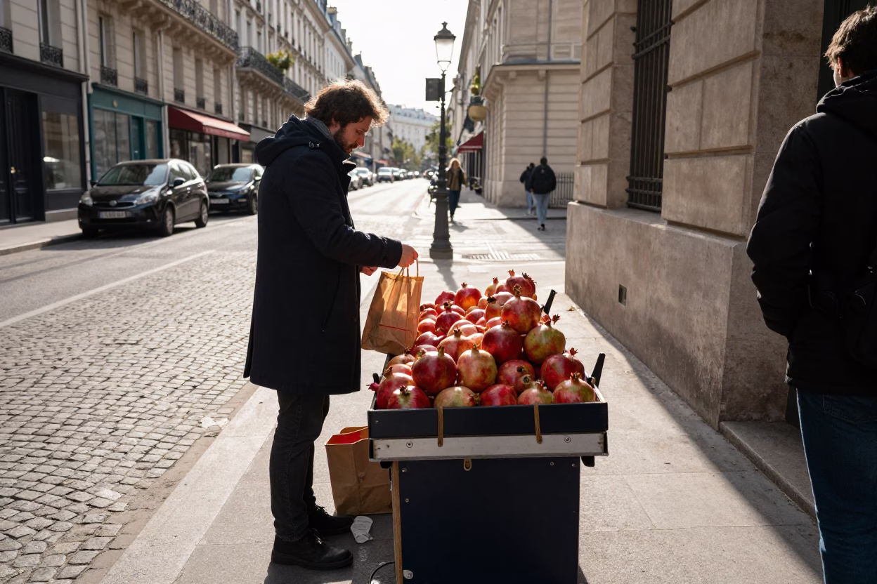 Early Afternoon Street Scene in Paris France with Pomegranate Vendor in in Paris, France