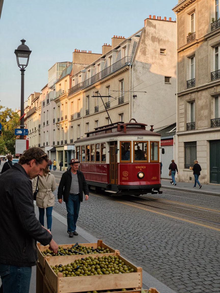 Early Afternoon Street Scene in Paris with Vintage Funicular and Local Market Goods in in Paris, France