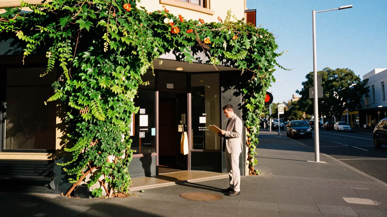 Early Afternoon Street Scene in Perth Western Australia With Clipboard And Ivy Vines in in Perth, Western Australia, Australia