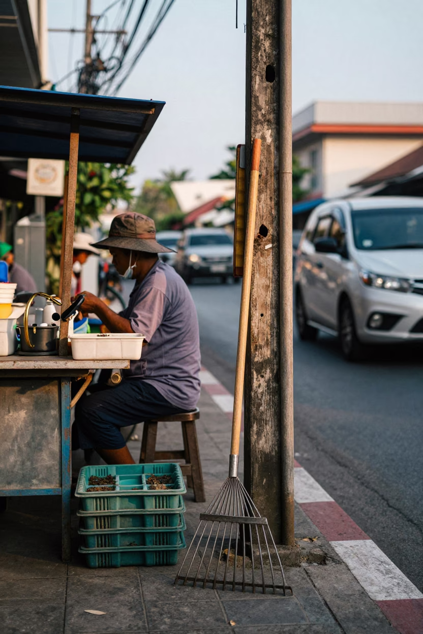 Early Afternoon Street Scene in Phuket Thailand with Garden Rake and Seed Tray in in Phuket, Thailand
