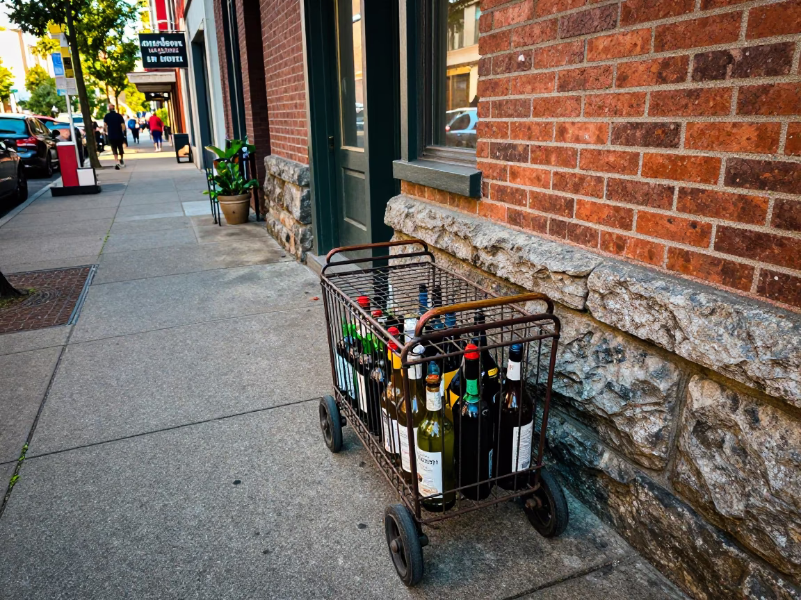 Early Afternoon Street Scene in Portland Oregon with Vintage Bottle Caddy and Local Pedestrians in in Portland, Oregon, United States