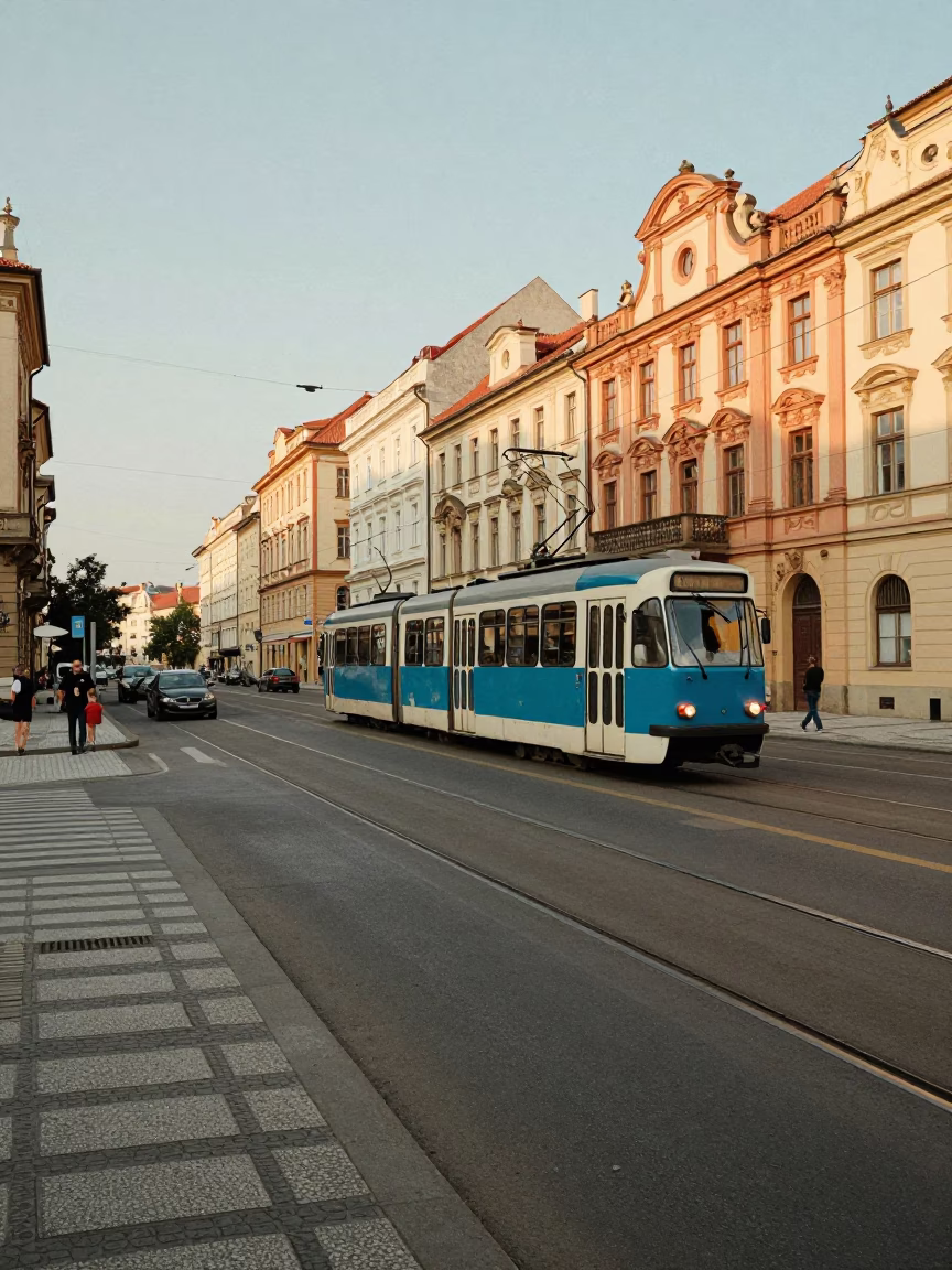 Early Afternoon Street Scene in Prague Czech Republic with Vintage 1990s Aesthetic in in Prague, Czech Republic