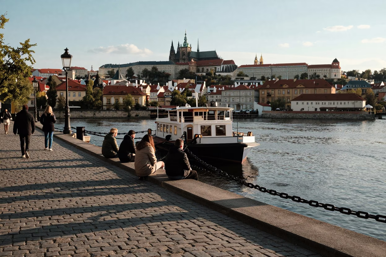 Early Afternoon Street Scene in Prague with Chain Ferry Crossing Vltava River in in Prague, Czech Republic