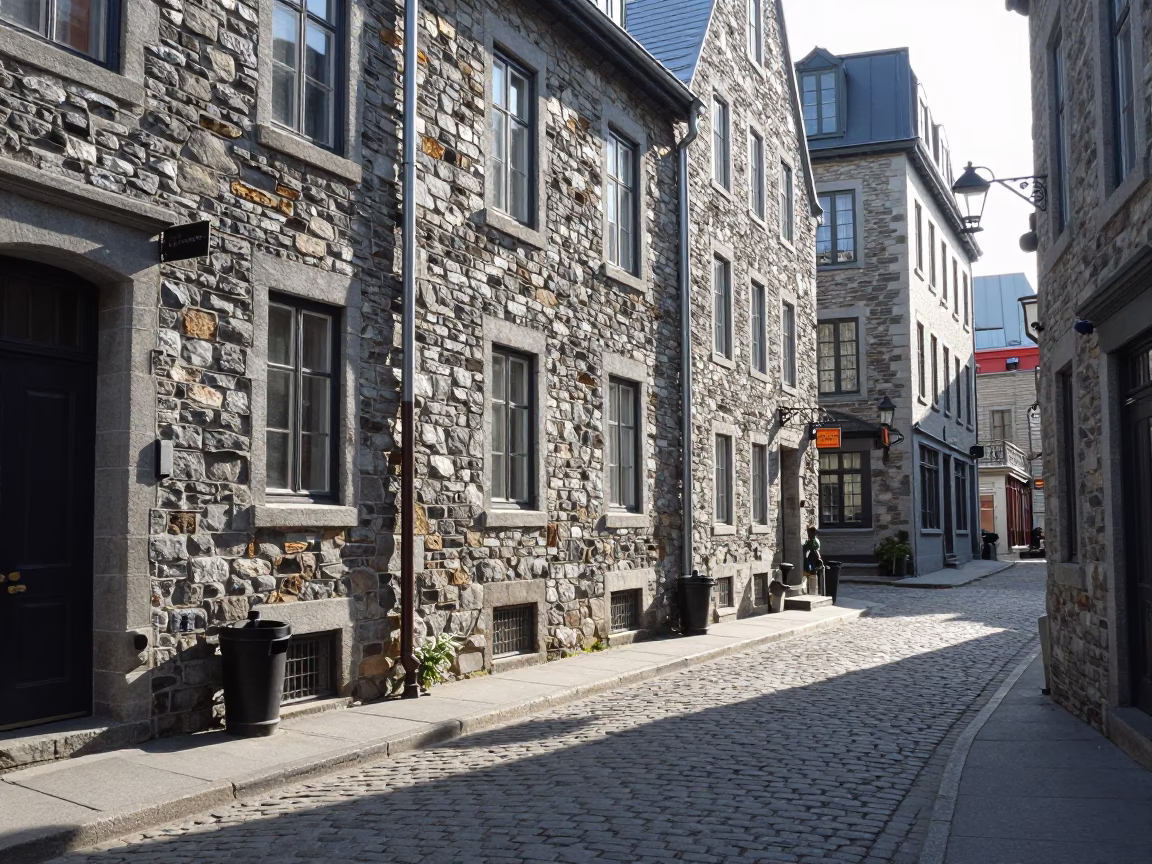Early Afternoon Street Scene in Quebec City Quebec Canada with Stone Walls and Moss in in Quebec City, Quebec, Canada
