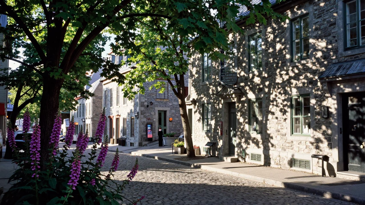 Early Afternoon Street Scene in Quebec City with Foxglove Blooms and Historic Stone Architecture in in Quebec City, Quebec, Canada