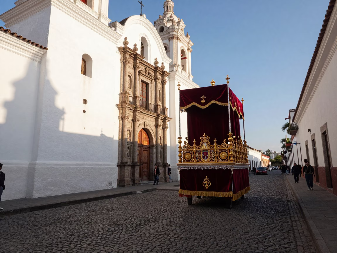 Early Afternoon Street Scene in Quito Ecuador with Processional Float and Narrow Cobblestone Alley in in Quito, Ecuador