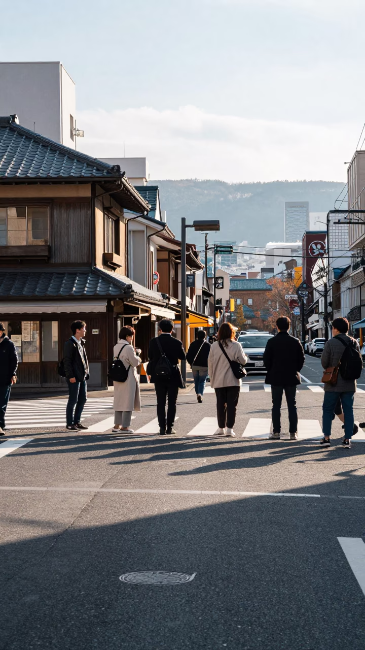 Early Afternoon Street Scene in Sapporo Japan with Traditional Architecture and Pedestrians in in Sapporo, Japan