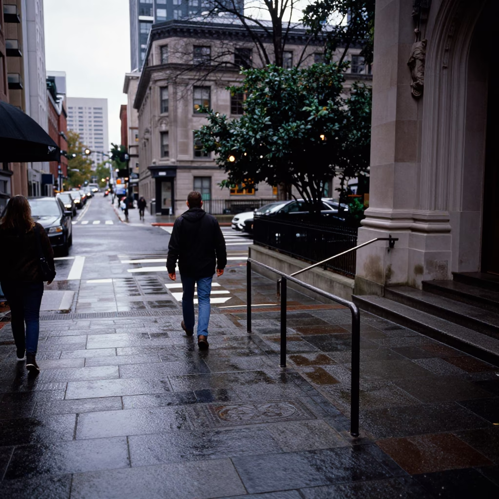 Early Afternoon Street Scene in Seattle Washington with Stair Rail and Wet Flagstones in in Seattle, Washington, United States
