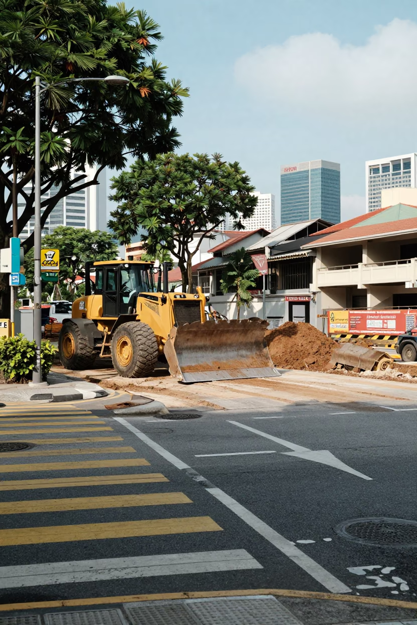 Early Afternoon Street Scene in Singapore with Bulldozer Construction and Local Life in in Singapore, Singapore