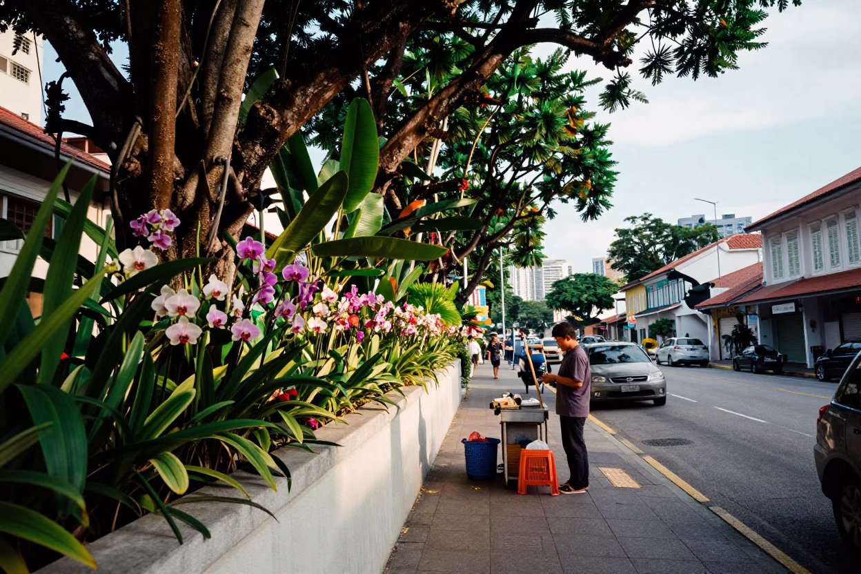 Early Afternoon Street Scene in Singapore with Tropical Flora and Urban Details in in Singapore, Singapore