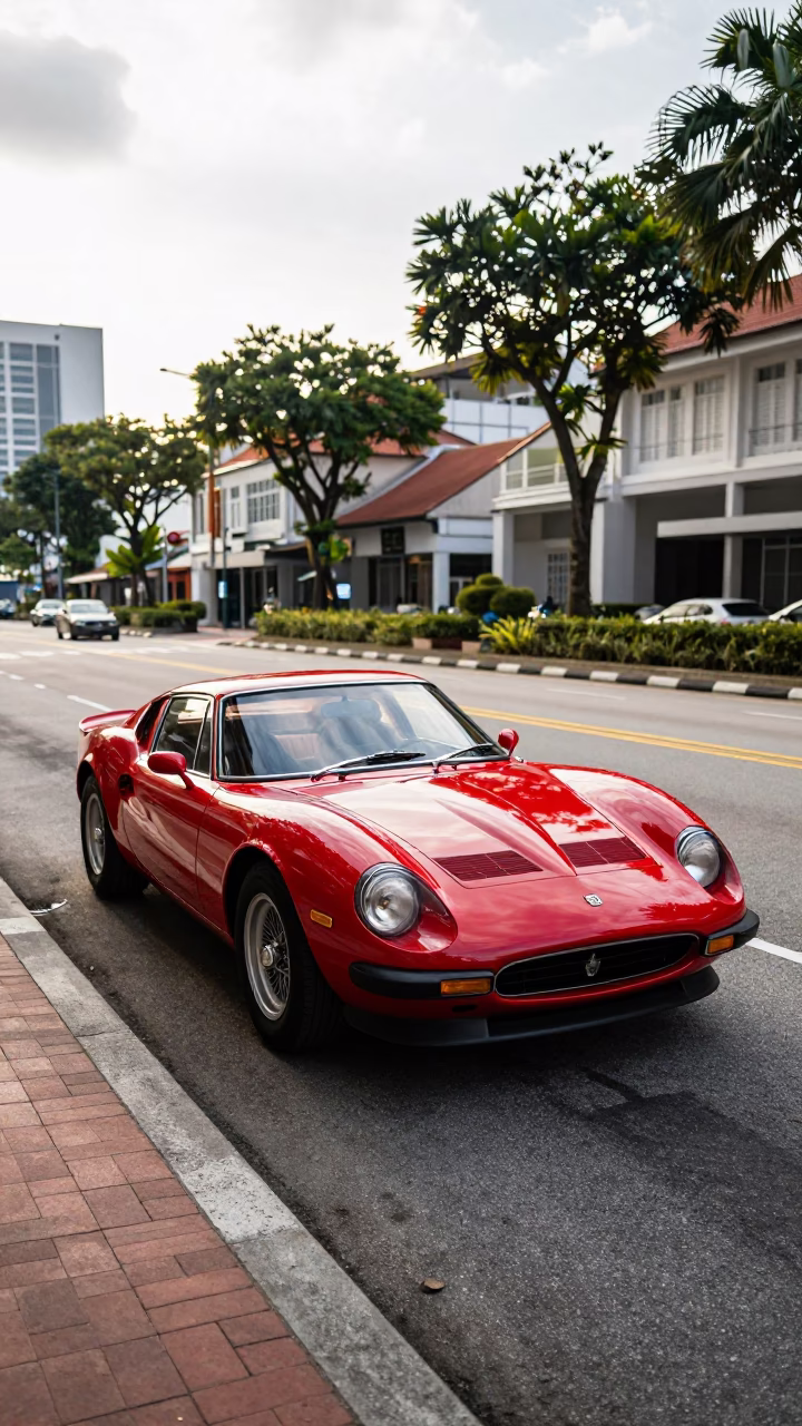 Early Afternoon Street Scene in Singapore with Vintage Red Sports Car and Local Details in in Singapore, Singapore