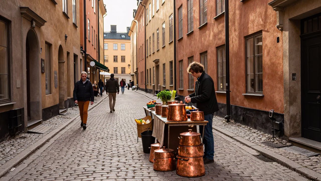 Early Afternoon Street Scene in Stockholm Sweden with Copper Pots and Harbor View in in Stockholm, Sweden