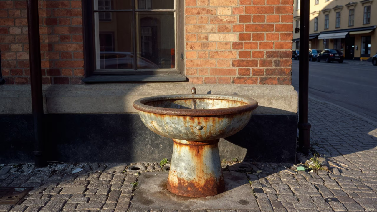 Early Afternoon Street Scene in Stockholm Sweden with Rusty Basin and Blue Hydrangeas in in Stockholm, Sweden