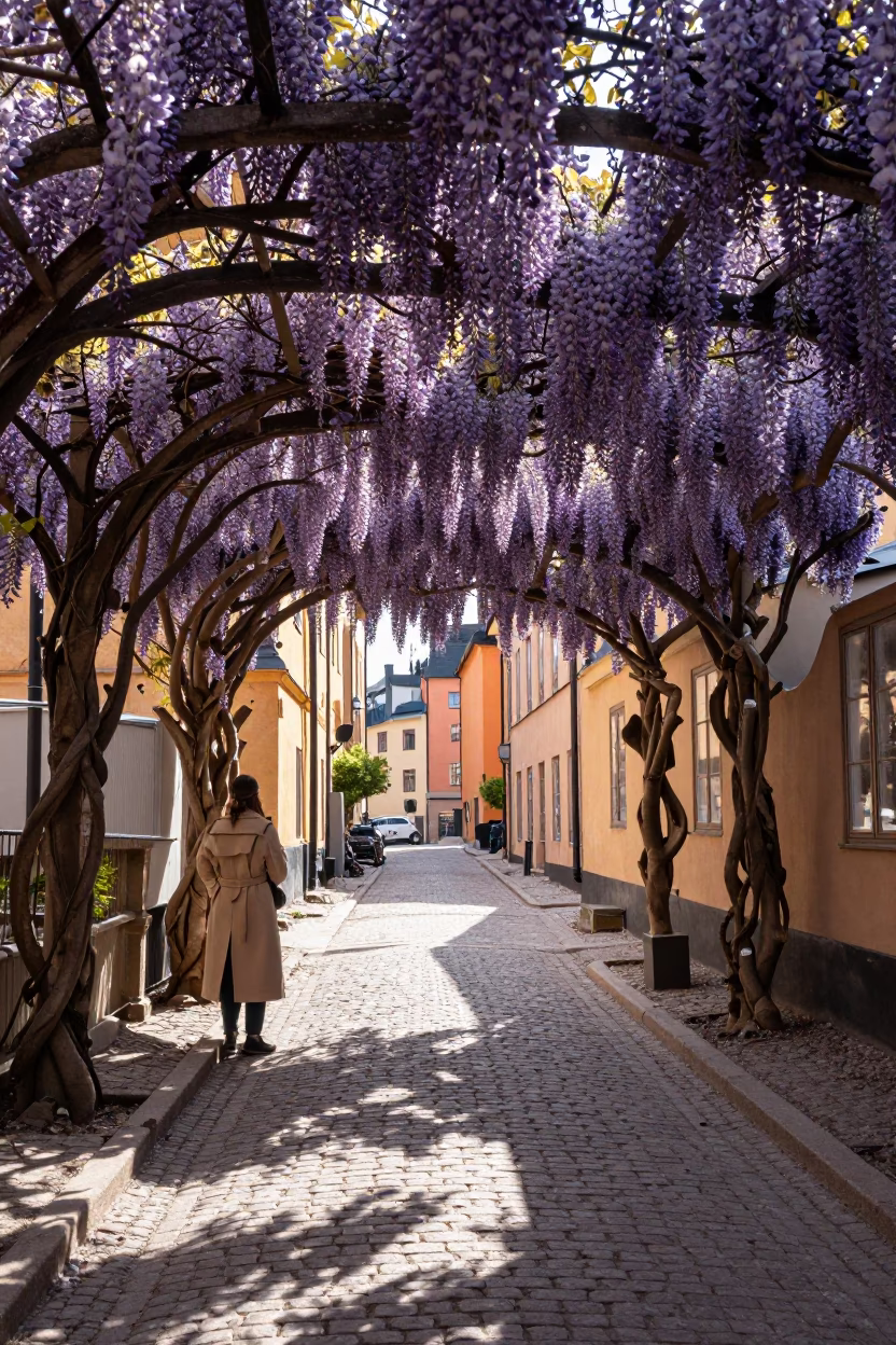 Early Afternoon Street Scene in Stockholm Sweden with Wisteria and Local Life in in Stockholm, Sweden