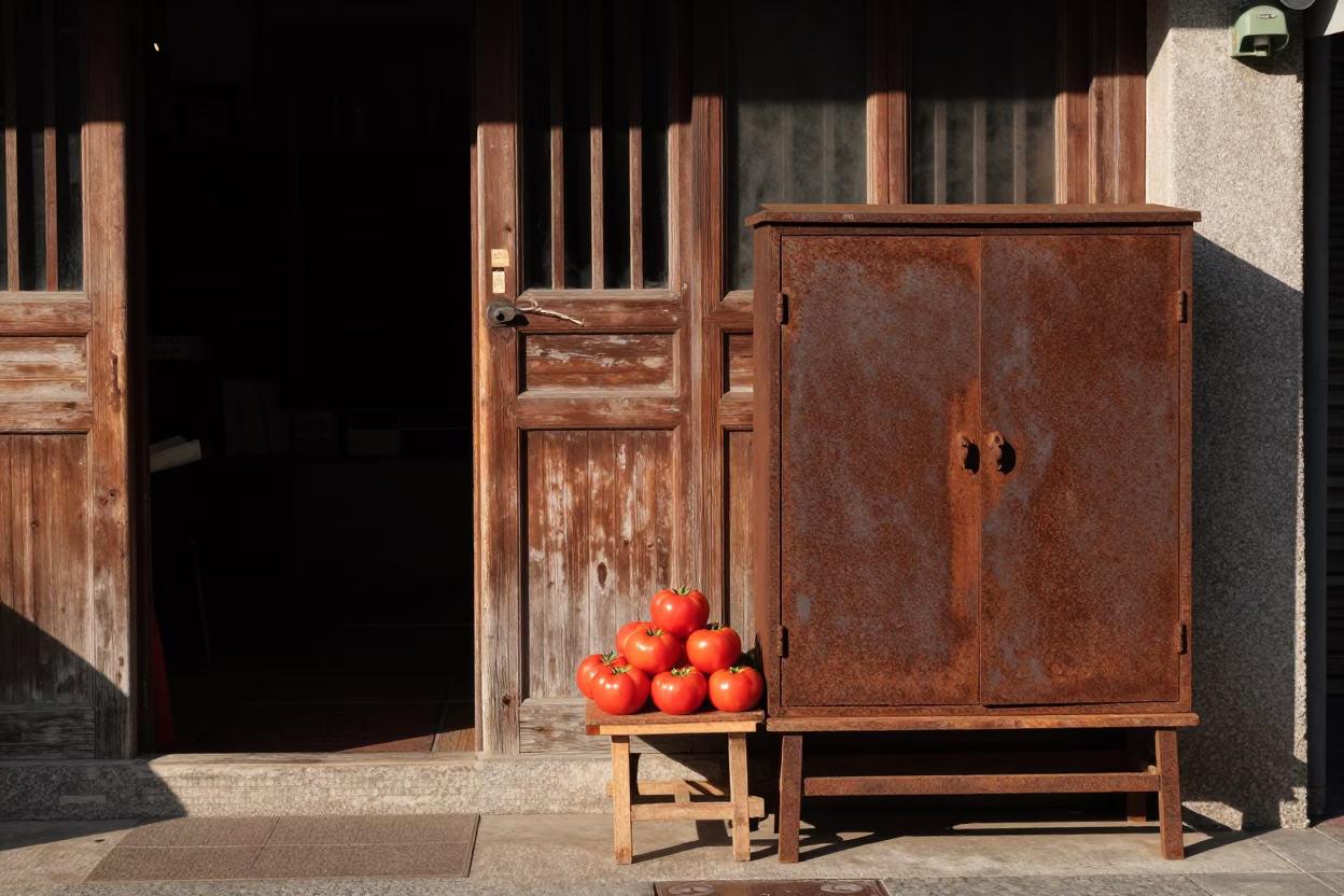 Early Afternoon Street Scene in Tainan Taiwan with Rusty Metal Cupboard and Tomatoes in in Tainan, Taiwan